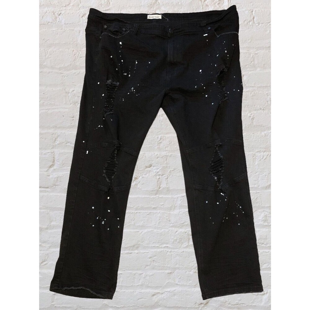 Blind Trust Black Denim Jeans BIG and TALL Mens 50x32 Distressed Paint Splatter